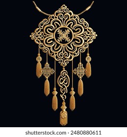 Chinese style embroidery gold 3d neckline design with braided knots and fringes. Traditional asian auspicious happy symbols. Beautiful ornate modern luxury lacy knotting ornaments. Surface texture.