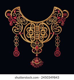 Chinese style embroidery gold red 3d neckline design with braided knots and fringes. Traditional asian auspicious happy symbols. Beautiful ornate luxury lacy knotting ornaments. Surface texture.