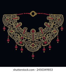 Chinese style embroidery gold red 3d neckline design with braided knots and fringes. Traditional asian auspicious happy symbols. Beautiful ornate luxury lacy knotting ornaments. Surface texture.