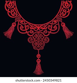 Chinese style embroidery red 3d neckline design with braided knots and fringes. Traditional asian auspicious happy symbols. Beautiful ornate modern luxury lacy knotting ornaments. Surface texture.