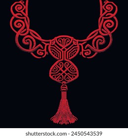 Chinese style embroidery red 3d neckline design with braided knots and fringe. Traditional asian auspicious happy symbols. Beautiful ornate modern luxury lacy knotting ornaments. Surface 3d texture.