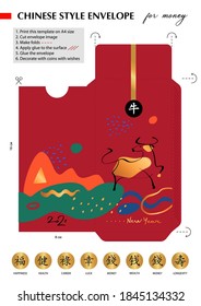 Chinese style Envelope Happy new year 2021 . Template with bull, ox, taurus, cow. Lunar horoscope sign. Hieroglyph translation bull, Happy new year. Funny sketch silhouette ox.