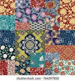 Chinese style fabric patchwork wallpaper, abstract floral vector  seamless pattern 