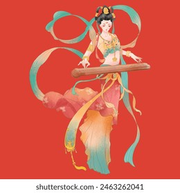 Chinese style fairy character playing the guzheng