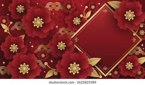 Chinese style festival banner of blooming flowers with golden buds and leaves on red pattern background with frame for your copy space. For Chinese New Year, Lunar new year, Mid-autumn festival.