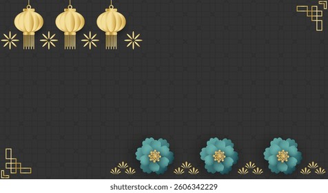 Chinese style festival banner of lanterns with flowers on black pattern background for your copy space. Vector illustration.