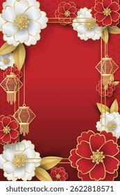 Banner festival estilo chinês de lanternas e flores brancas e vermelhas no fundo padrão branco e quadro de ouro para o seu espaço de cópia. Para Ano Novo Chinês, Ano Novo Lunar, Festival de outono.