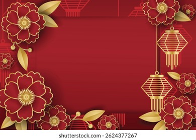 Chinese style festival banner of lanterns and red flowers on red pattern background and frame for your copy space. For Chinese New Year, Lunar new year, Mid-autumn festival. Vector illustration.