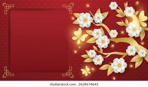 Chinese style festival banner of tree branches with flowers and butterflies on red pattern background for your copy space. For Chinese New Year, Lunar new year, Mid-autumn festival.
