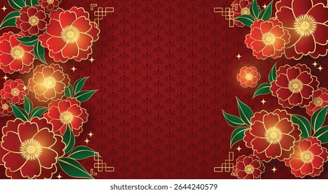 Chinese style festival banner of tree branches with flowers and lanterns on red pattern background for your copy space. For Chinese New Year, Lunar new year, Mid-autumn festival. Vector illustration.