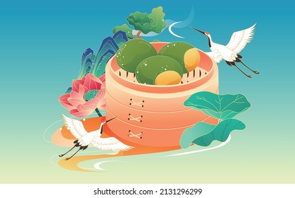 Chinese style food festival illustration with mountains and clouds in the background, trees and cranes in the front, landscape vector illustration