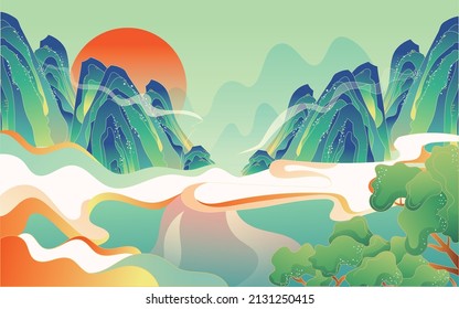 Chinese style food with mountains and clouds in the background and trees in the front, landscape vector illustration