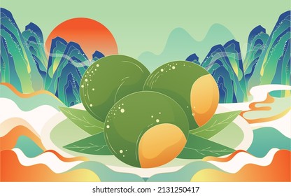 Chinese style food with mountains and clouds in the background and trees in the front, landscape vector illustration