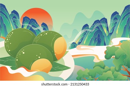 Chinese style food with mountains and clouds in the background and trees in the front, landscape vector illustration