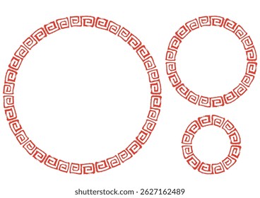 Chinese style frame with hand drawn thunder pattern in brush stroke style. Red Circle Set.