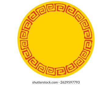 Chinese style frame with hand drawn thunder pattern in brush stroke style. red and yellow circle.