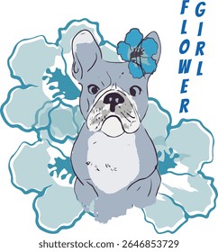 Chinese style French Bulldog vector illustration with blue hibiscus flowers. Trendy tee print with a hand-drawn look—perfect for kids, dog lovers and fashionistas.