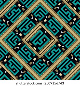 Style chinois géométrique élégant motif harmonieux de luxe avec fermeture à glissière dorée, losange, ornements traditionnels méandres. Beau arrière-plan Image vectorielle ornemental. Répétez l'arrière-plan ethnique tribal décoratif.