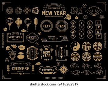 Chinese style golden frame and decoration design material collection. Chinese New Year vector illustration.