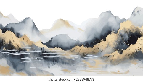 Chinese style gray artistic conception landscape illustration, water and mountain painting, abstract art landscape. vector