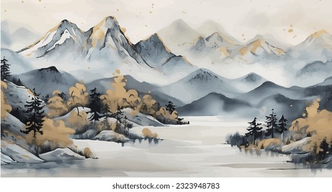 Chinese style gray artistic conception landscape illustration, water and mountain painting, abstract art landscape. vector