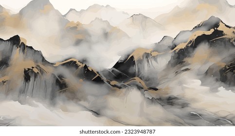 Chinese style gray artistic conception landscape illustration, water and mountain painting, abstract art landscape. vector