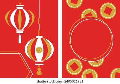 Tarjetas de saludo de estilo chino con monedas de oro y linternas. Fondo rojo. Banner de la celebración de Año Nuevo chino, portada de folletos, afiche con símbolos de riqueza y suerte. Lugar en blanco para el texto.