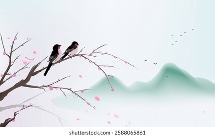 Chinese style horizontal illustration design a black bird standing on a peach tree