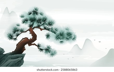 Chinese style horizontal illustration design pine trees and landscape on cliffs