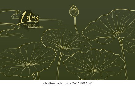 Chinese style horizontal illustration of linear lotus flowers