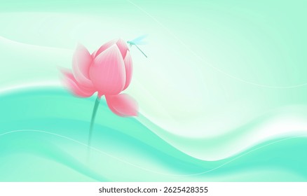 Ilustração horizontal estilo chinês simples lotus e libélula
