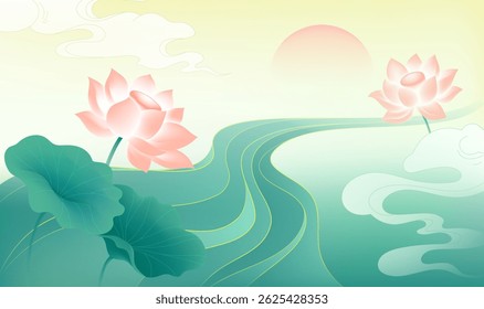 Chinese style horizontal illustrations of auspicious clouds and lotus flowers