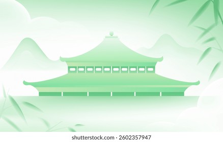 Chinese style horizontal plate illustration design bamboo and Chinese architecture landscape