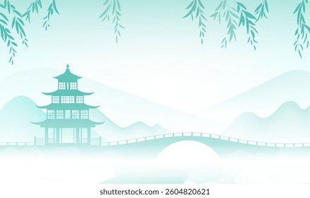Chinese style horizontal plate illustration design Chinese architecture ink landscape