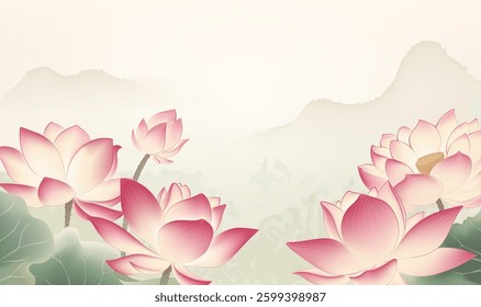 Chinese style horizontal plate illustrations of lotus and ink landscape