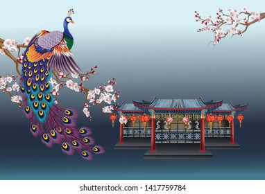 Chinese style house door with Chinese lantern decorated and peacock  on the plum blossom branch-vector