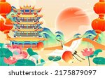 Chinese style landmark building to celebrate Mid Autumn Festival and National Day festival with buildings and clouds in the background, vector illustration