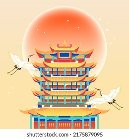 Chinese style landmark building to celebrate Mid Autumn Festival and National Day festival with buildings and clouds in the background, vector illustration