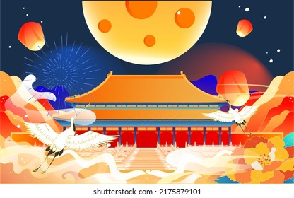 Chinese style landmark building to celebrate Mid Autumn Festival and National Day festival with buildings and clouds in the background, vector illustration