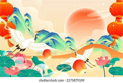 Chinese style landmark building to celebrate Mid Autumn Festival and National Day festival with buildings and clouds in the background, vector illustration