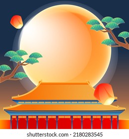 Chinese style landmark building to celebrate Mid Autumn Festival and National Day festival with buildings and clouds in the background, vector illustration