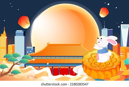 Chinese style landmark building to celebrate Mid Autumn Festival and National Day festival with buildings and clouds in the background, vector illustration