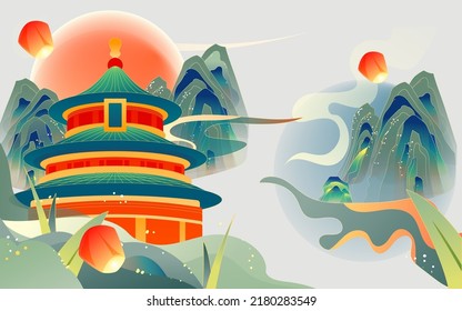 Chinese style landmark building to celebrate Mid Autumn Festival and National Day festival with buildings and clouds in the background, vector illustration