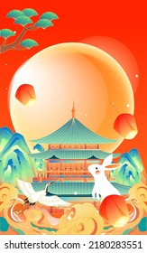 Chinese style landmark building to celebrate Mid Autumn Festival and National Day festival with buildings and clouds in the background, vector illustration