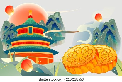 Chinese style landmark building to celebrate Mid Autumn Festival and National Day festival with buildings and clouds in the background, vector illustration