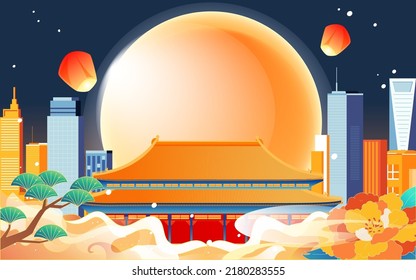 Chinese style landmark building to celebrate Mid Autumn Festival and National Day festival with buildings and clouds in the background, vector illustration