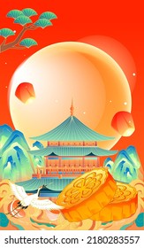 Chinese style landmark building to celebrate Mid Autumn Festival and National Day festival with buildings and clouds in the background, vector illustration