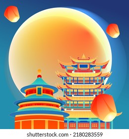 Chinese style landmark building to celebrate Mid Autumn Festival and National Day festival with buildings and clouds in the background, vector illustration