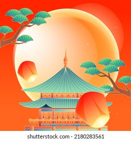 Chinese style landmark building to celebrate Mid Autumn Festival and National Day festival with buildings and clouds in the background, vector illustration