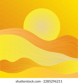 Chinese style landscape with traditional sky clouds pattern. Mountain hills, wave lines texture asian vector background. Beautiful hills, clouds sky chinese pattern. x Moire curve lines pattern.
